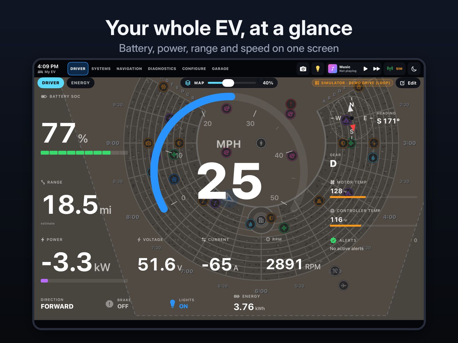 VoltDeck driver view with live speed, battery, range and power